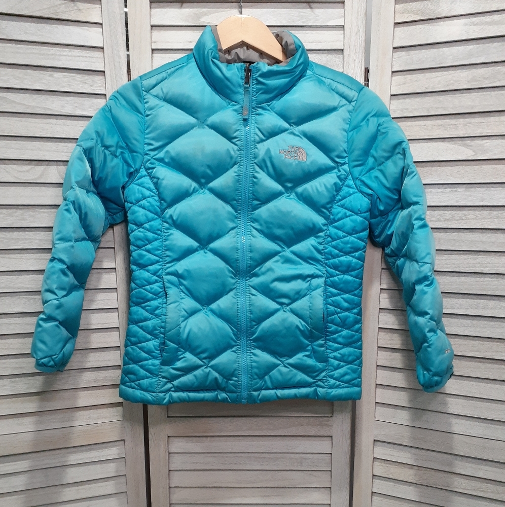 Girl's The North Face 550 Teal Blue Gray Quilted Down Puffer Zip Up Jacket